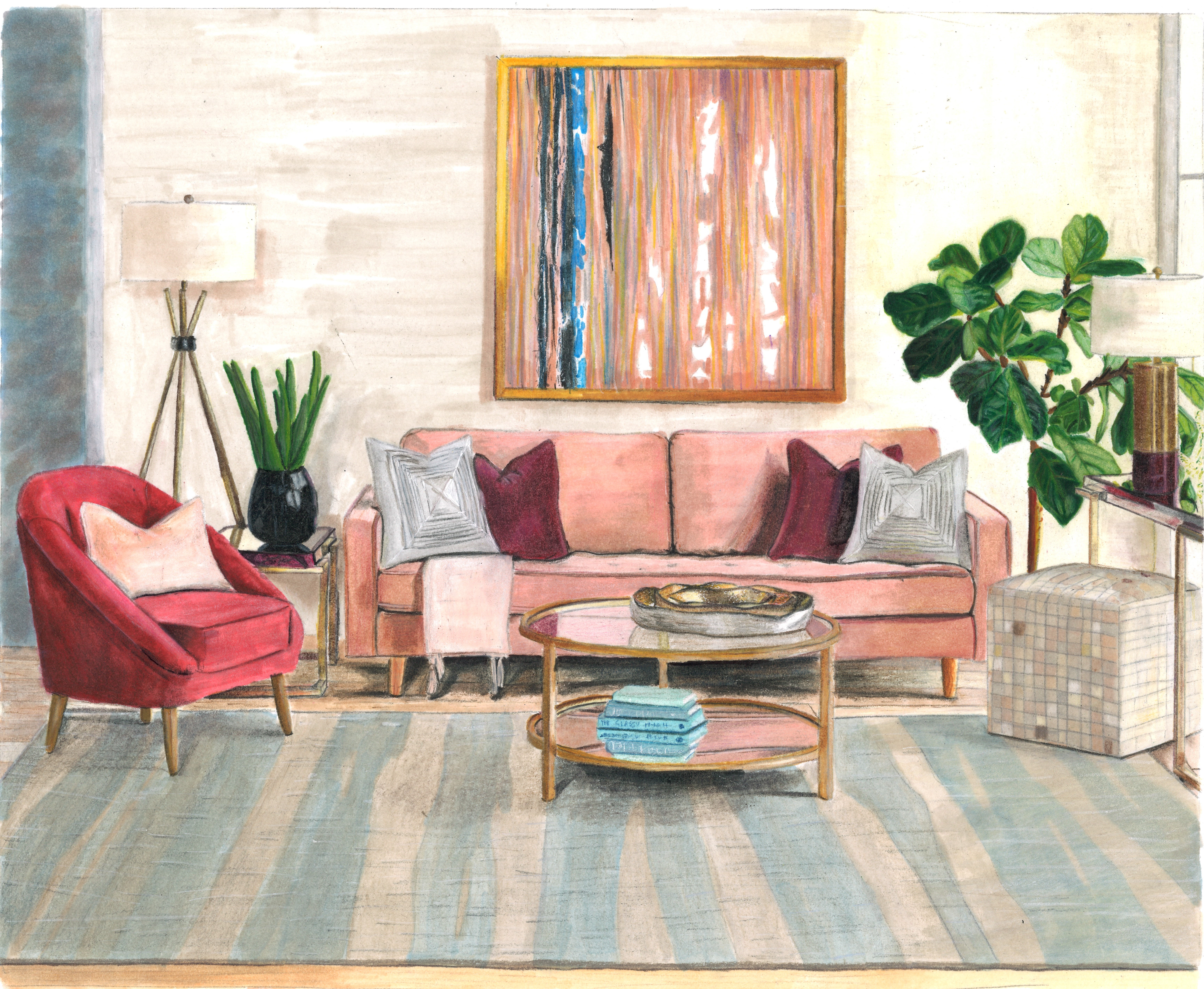 Hand rendering of a bright and colorful living room with artwork, a sofa, and coffee table.